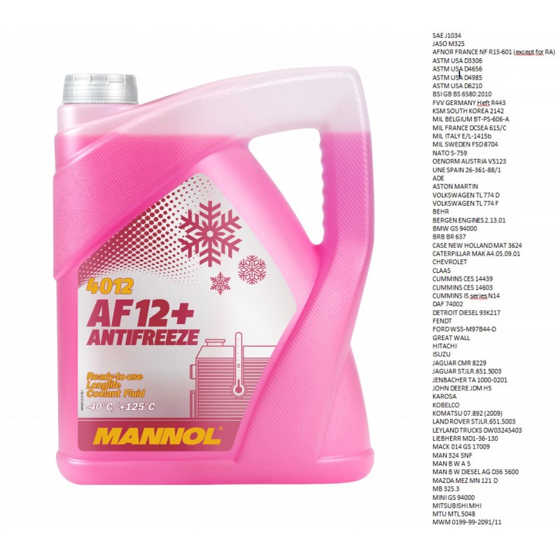 Skystis aušinimo Antifrizas 5L MANNOL Antifreeze AF12+ (-40 °C) Longlife 4012 (raudonas)