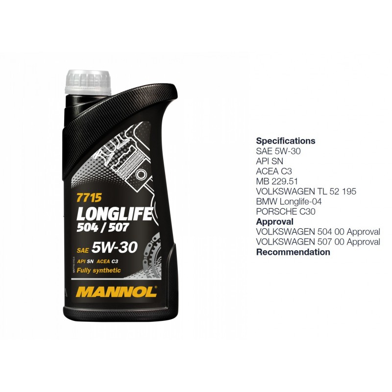 Alyva variklinė 1l 5W30 MANNOL Longlife 504/507 7715