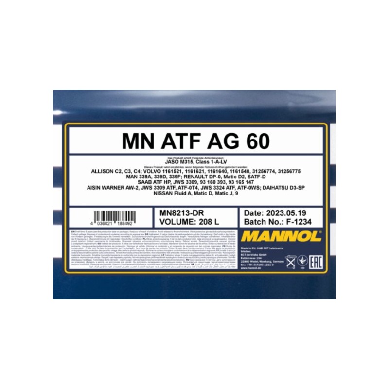 Alyva transmisinė 208L MANNOL ATF AG60 8213