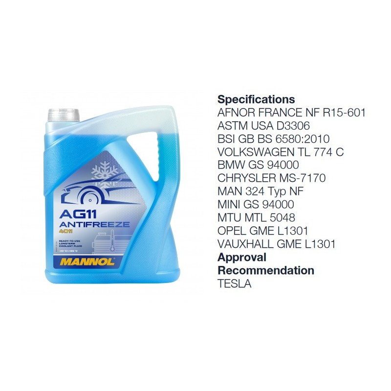 Skystis aušinimo "Antifrizas" 5L MANNOL Antifreeze AG11 (-40 °C) Longterm 4011 (mėlynas)