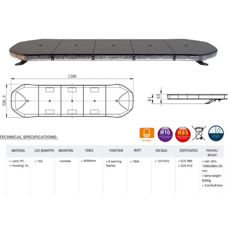 Švyturėlis geltonas 152LED 1200*326*81mm R65 R10 12/24V